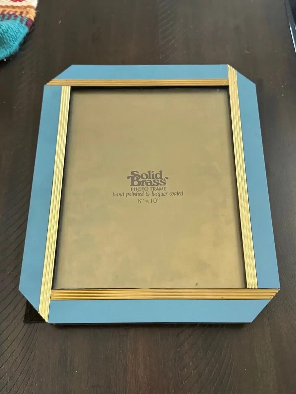 Vintage 1980s Solid Brass 8x10 Photo Frame Teal Blue Art Deco